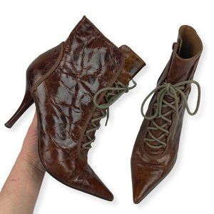 Nine West Belindia Sz 7 Boot Granny Cottage Boho Lace Up Distress Dark Academia